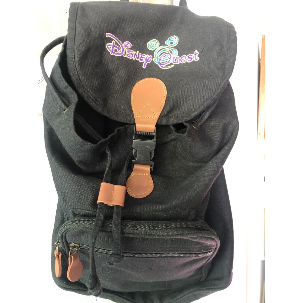 Vintage DisneyQuest Black Canvas Rucksack Backpack Disney Parks Bag 18 x 14"